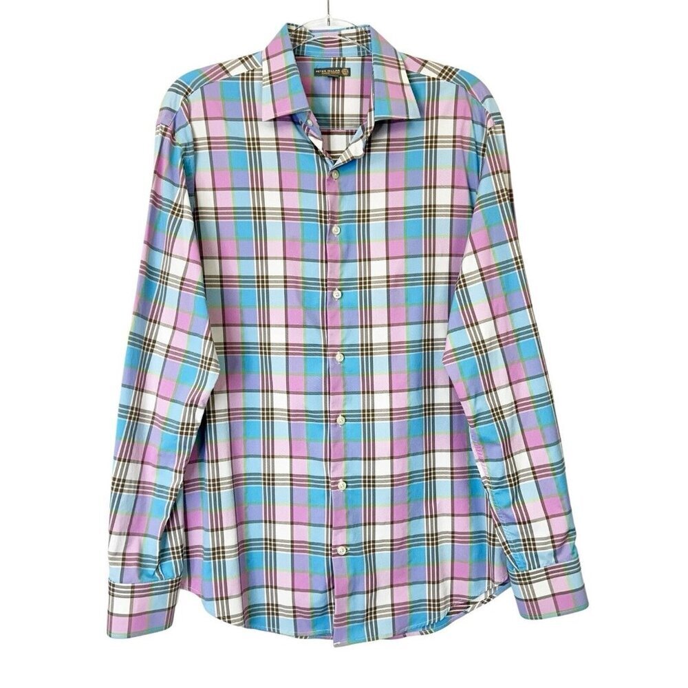Peter Millar Summer Comfort Button Down Shirt Mens Size Large Pink Plaid Nylon
